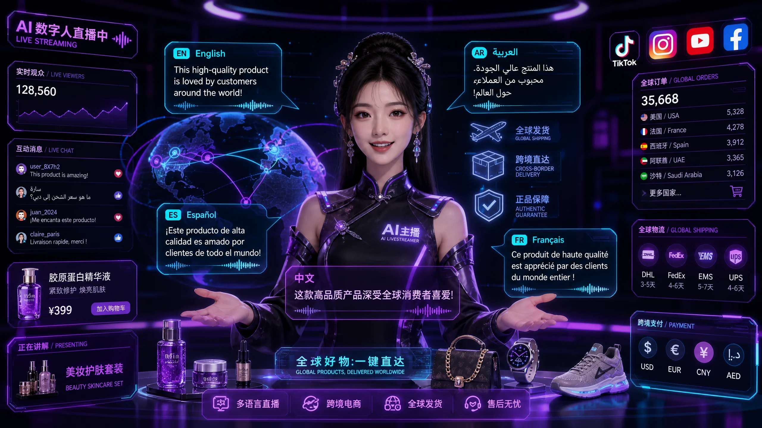 AI数字人多语种跨境电商直播展示英语阿拉伯语西班牙语同步带货